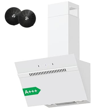 FIREGAS Hotte aspirante inclinée 60 cm, classe A+++, débit d'air 684 m³/h, hotte de cuisine 9 vitesses, commande tactile et gestuelle, hotte murale évacuation ou recyclage, blanc