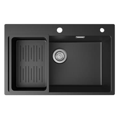 CECIPA Evier Cuisine 1 Bac 70x45x20 cm, Évier En Granit avec Grand Bassin, Lavabo Cuisine Avec Siphon & Trop-Plein, Évier à Encastrer des sous-meubles supérieurs à 80 cm - Noir