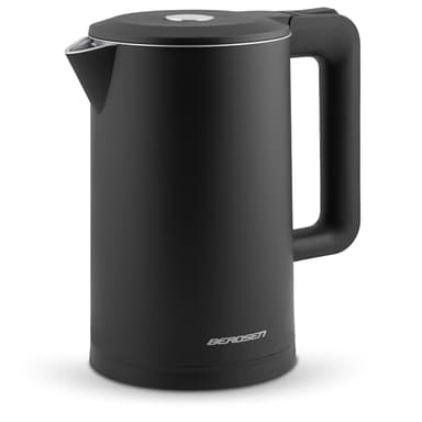 Berdsen Bouilloire en acier inoxydable avec filtre anti-calcaire, capacité 1,7 l, 2200 W, éclairage LED, double paroi, base pirouet, bouilloire, silencieux, noir