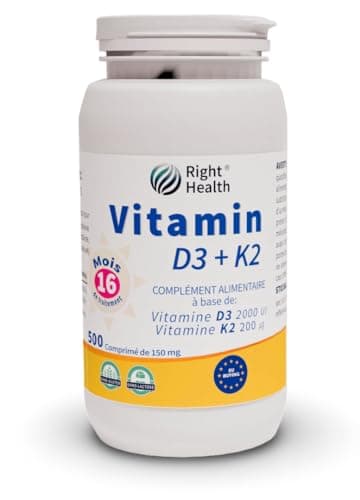 VITAMINE D3 K2: Vitamine D 2000 UI (50 μg) et K MK7 (200 μg) 500 comprimés (1 an 4 mois - 1 par jour) à Haute Dose et Biodisponibilité. Favorise la santé des os, muscles, dents, système immunitaire