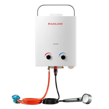 GASLAND AS132 Chauffe-eau à gaz, 5 L/min sans réservoir de gaz propane 30/37 mbar, chaudière instantanée à GPL avec poignée pour camping-car, camping, douche, lavage cheval