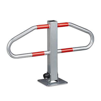Relaxdays 10020486 Barrière de parking rabbatable HxlxP: 47 x 70 x 18 cm poteau de parking manuel en métal avec 2 clés à fixer pour les voitures autocollants rouges, Gris/Rouge