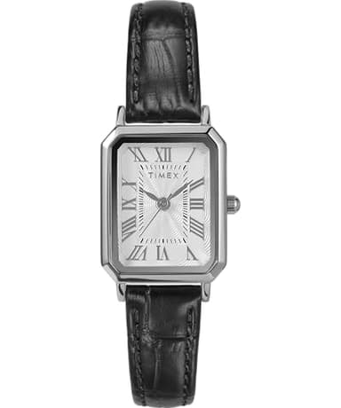 Timex - TW2Y00800 - Trend Montre pour Femme avec Bracelet en Cuir Noir, Cadran Blanc, Boîtier Argenté 21 mm