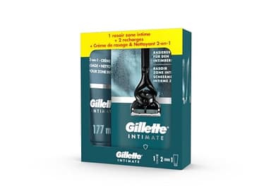 Gillette Intimate Rasoir Pour Les Zones Intimes Pour Hommes, Coffret Avec Manche Et 2 Cartouches De Recharge A 5 Lames Anti-Friction, Crème De Rasage, Nettoyant A l’Aloe Vera Pour Soin Du Pubis