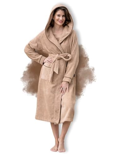 ELEVAVIDA Peignoir femme avec capuche en coton doux beige – ultra confortable et moelleux – Taille S – Peignoir de bain long en éponge brun clair 400 g/m2 - Certifié OEKO-TEX