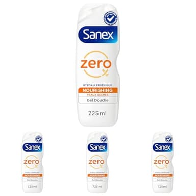 SANEX - Gel douche Nourrissant Zero% pour peaux sèches - Offre jusqu'à 8h d'Hydratation - le flacon de 725 ml (Lot de 4)