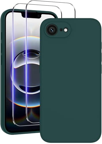 Qasyfanc Coque pour iPhone 16e avec 2 Pieces Verres Trempés, Étui en Silicone avec Doublure en Microfibre Souple,Étui Protection Complète Cover Antichoc,Vert Foncé