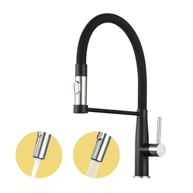 Baollansa Robinet cuisine avec bec flexible, mitigeur cuisine silicone, kitchen faucet pivotant à 360°, haute pression, en acier inoxydable, avec deux fonctions de pulvérisation(Brossé) (Noir)