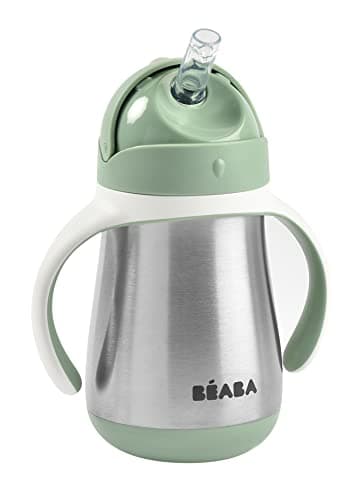 BÉABA, Biberon/Tasse d'apprentissage/Gourde Bébé 2 en 1 Inox, Tasse Paille Enfant, 100% étanche, Anti-fuite, Facile à Ouvrir, Poignées amovibles, Matière Inox, Sain, Solide, 250 ml, Vert sauge