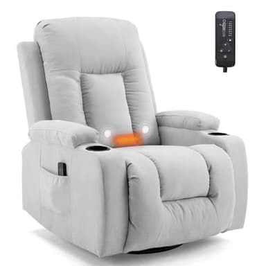 LEADZM Fauteuil Relax avec Fonction électrique Massage,avec 360° Chaleu et Tourner Réglage Manuel de Inclinaison Fauteuil Relaxant avec Repose-Pied,Télécommandes, Gris Clair