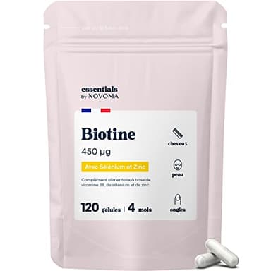 Biotine avec Sélénium et Zinc, Accélère la Pousse des Cheveux, Cure de 4 mois, 120 Gélules Végétales, Complément Alimentaire de Vitamine B8, Fabriqué en France, Essentials by Novoma