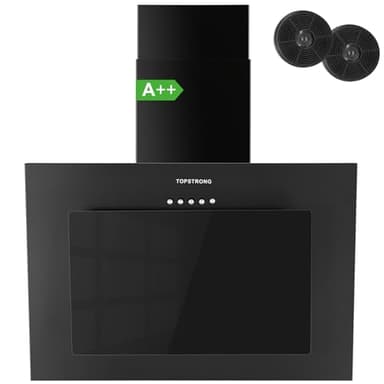 TopStrong Hottes Aspirantes 60cm, Class A++ Hotte Cuisine inclinée Silencieuse, 350m³/h Hotte aspirante Evacuation ou Recyclage, Filtres Charbon Inclus, 3 Vitesses Hotte, LED Eclairage, 56 dB, Noire