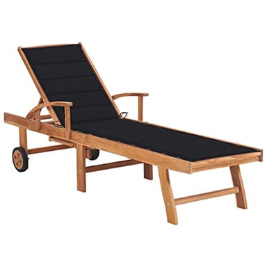 vidaXL Bois de Teck Solide Chaise Longue avec Coussin Transat de Patio Bain de Soleil d'Extérieur Chaise Longue de Terrasse Jardin Plage Noir