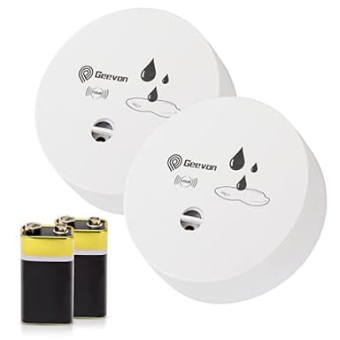 Geevon Lot de 2 détecteurs de Fuite d'eau, 100 DB pour Caves, salles de Bains, buanderies, Cuisines, garages et greniers, alarmes d'eau à Piles (Piles incluses)