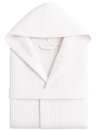 Peignoir Nid d'Abeille Femme et Peignoir Nid d'Abeille Homme en Coton avec Capuche Poches et Ceinture, Léger et pour Voyage S-XXXL, Blanc, S/M