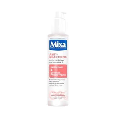 MIXA - Nettoyant Visage Anti-Réactions - Elimine les Impuretés Sans Agresser - Non Moussant, Sans Parfum, Sans Savon - Panthénol + Extraits Probiotiques - Tous Types de Peaux Réactives - 150 ml
