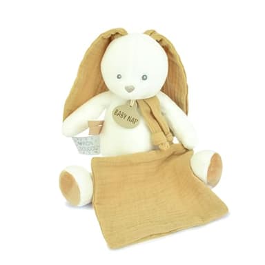 Baby NAT' - Pantin avec Doudou Lapin Nougat - Peluche Lapin en Coton Lange Doux - pour Bébé Garçon ou Fille Dès la Naissance - Jouet d’Éveil Sensoriel - Cadeau Naissance - BN6039