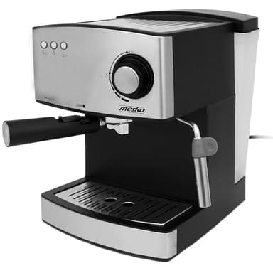 Mesko MS4403 Machine à Espresso Cappuccino, 15 Bars, Cafetière Manuelle pour Café Moulu, Buse Vapeur pour Mousseur a Lait, Réservoir 1,6L, Chauffe-Tasses, Acier Inoxydable / Noir, 850W