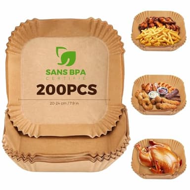 Papier Cuisson Air Fryer,200 Pièces 20×20cm Papier Cuisson Paper Liner,Food-Grade BPA Gratuit,Jetable Antiadhésive Sans Huile Papier Parchemin,pour Friteuse Sans Huile 5 à 8 Litres