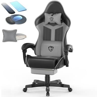 Ferghana Chaise Gaming Ergonomique en Cuir Respirant avec Appui-Tête et Massage Lombaire Réglables - Tapis Souris + Repose-Clavier Inclus - Fauteuil Gamer pour Bureau/Jeu(Gris Noir, PVC)