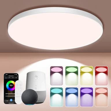 HOTUT Plafonnier LED RVB 24 W à intensité variable, WiFi pour salle de bain, contrôle à distance et application, 2700 K-6500 K, plafonnier intelligent rond fonctionne avec Alexa Google Bluetooth pour