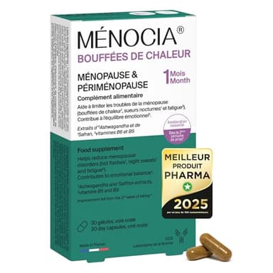 MÉNOCIA Bouffées de Chaleur Ménopause 30 Gélules | Sans Hormones | Safran, Ashwagandha, Vitamines B9 et B6 | Bouffées de Chaleur, Sueurs Nocturnes, Fatigue, Sommeil | Fabriqué en France