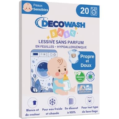 Lessive en Feuilles pour Bébé (40 Lavages) – Lessive Sans Parfum, Lessive Hypoallergénique, Lessive Écologique, 100% Biodégradable et Végan. Nettoyage Doux pour Peaux Sensibles. Sans Plastique.