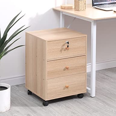 Ansley&HosHo Caisson de Bureau, Armoire de Fichiers en Bois Verrouillable, Table d'Imprimante sur roulettes, Caisson de Rangement de Dossiers avec 3 Tiroirs, pour Documents légaux Format A4, Chêne
