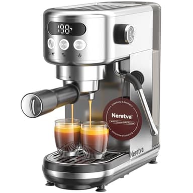 Neretva Machine a Cafe 20 Bar, Cafetière Expresso 1350W Compacte En Acier Inoxydable Avec Mousseur À Lait & Écran LED Machine à Cafe Utiliser Pour La Maison Capacité 1,3L - Espresso/Macchiato/Latte