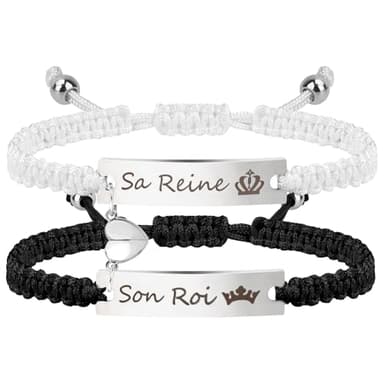 Tukeoo 2PCS Idee Cadeau Couple pour Homme Femme Bracelet Cadeau Noel Bracelets Personalisés, Bracelet Réglable en Cordon Tressé Acier Inoxydable pour Saint Valentin Noel Anniversaire