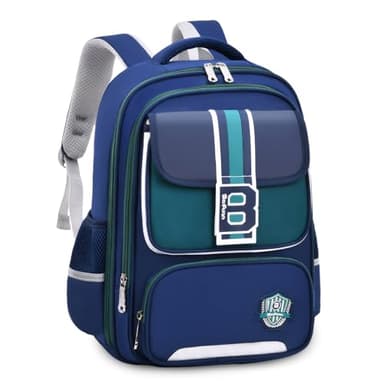 IvyH Cartable Garcon Primaire Ergonomique, 20 Litres Sac a Dos Ecole Garcon pour Enfants 8 à 12 ans, Imperméable Sacs d'école Garçon Primaire, Bleu Marine Vert