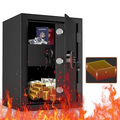 WASJOYE Coffre Fort Ignifuge, Grand Coffre Fort avec Tiroir anti Feu, Clavier Numérique et Clés, Armoire Safe de Sécurité pour la Maison, l'Hôtel, l'Argent, les Bijoux, les Pistolets, 50L