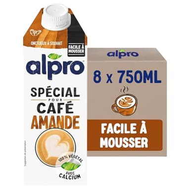 Alpro Spécial pour Café Amande, Boisson Végétale Amande Barista, Facile à Mousser, Naturellement Sans Lactose, Faible en sucres, Source de Calcium, Faible en matières grasses, 8x750 mL