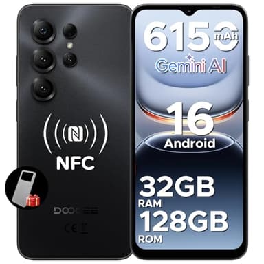 DOOGEE Note56X Pro Android 16 Smartphone Pas Cher, 6150mAh Telephone Portable Écran 6.56" HD+90Hz 32Go+128Go/TF 2To, 8MP+13MP, UNISOC T7225,Dual SIM, Octa Core, Face ID/Fingerprint/NFC/3.5mm,Noir