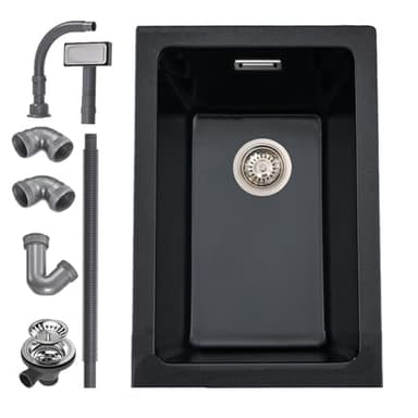 iAnomla Evier Cuisine Noir 30x40cm, 80% Sable Quartz, Évier En Granit, 1 Bac À Encastrer, Évier Cuisine Avec Siphon & Trop-Plein, Adapté Aux Postes de Travail et Aux de Bar