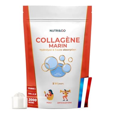 NUTRI & CO Collagene Marin Poudre Types 1, 2, 3 + Vitamine C, Breveté Naticol® & Cartydiss®, Peau Hydratée Soutien Articulaire, Peptides Hydrolysés 2000 DA, 540g Goût Neutre 90jrs, Fabriqué en France