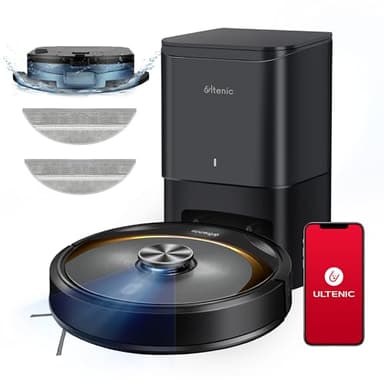 Ultenic T10 Elite Robot Aspirateur Laveur, Station Auto-Vidage, Navigation Lidar avec Cartographie, Connecté App et Alexa, Idéal pour Les Poils d'animaux, Cheveux, Poussière et Moquettes, Noir