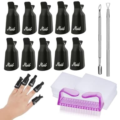 Kit pour Retrait Vernis Semi Permanent - 10 Pinces Doigts Vernis + Grattoir + Poussoir Cuticules + 100x Cotons + Brosse Ongles, Pince Vernis Pour Dépôt Ongle Semi Permanent, Salon et Maison