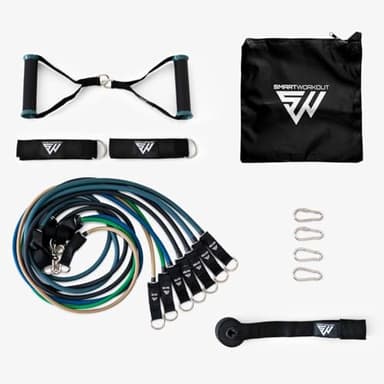 SmartWorkout Pro - Kit d'élastique de Musculation - 7 Bandes de résistance totalisant 120 kg, poignées, Sangles de Cheville et ancrage de Porte