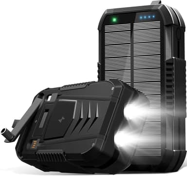 70 000 mAh Batterie Solaire sans Fil intégrée dans 2 câbles et manivelle, Chargeur Portable 30 W, Chargeur Rapide 6 Sorties et 4 entrées, Batterie Externe avec Lampe de Poche Lumineuse