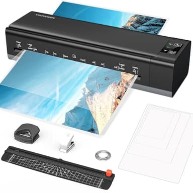 YIKANWEN Plastifieuse A3 A4 A5 A6 [Plus de Tracas, Tout en Un] Mode Chaud/Froid avec 30 Feuilles, Plastifieuse Multi Format avec Massicot, Perforatrice, Arrondisseur, Anneau pour Famille École Bureau