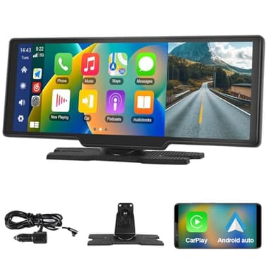 Podofo 10,26 Pouces Stéréo de Voiture Portable avec A-pple Carplay Android Auto sans Fil, écran Tactile 7-32V, Assistant Vocal de Caméra Arrière/Bluetooth/Transmetteur FM/AUX/TF Carte