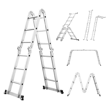 Miscoos Échelle Multifonction 6-en-1 en Aluminium, Échelle Pliante Articulée 4 x 3 avec 12 Échelons, Antidérapante, Capacité Jusqu'à 150 kg, Stable et Robuste, 3,6 m, Argent