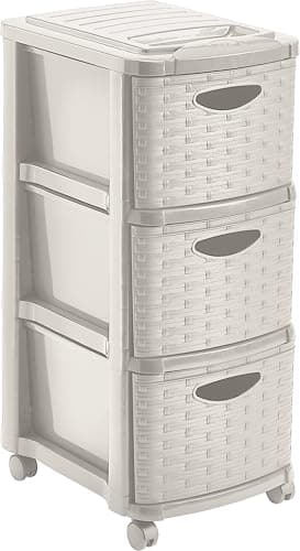 M Home by Mazzei Mondex - Tour de Rangement 3 Tiroirs avec Roulettes - Plastique Aspect Osier Tressé, Format A4, Hauteur 66 cm - Couleur Ficelle - Fabriqué en France