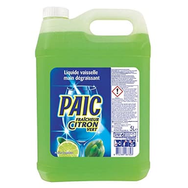 PAIC - Liquide Vaisselle Fraîcheur Citron Vert, Action Nettoyante, Dégraissante et Anti-Odeur, Format Économique, Bidon de 5L