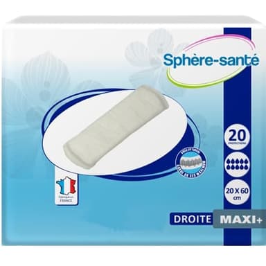 Sphère Santé - Couche droite traversable 20x60 Maxi + - Absorption maximale - Confort optimal - Post-partum, fuites urinaires - Doux et abordable