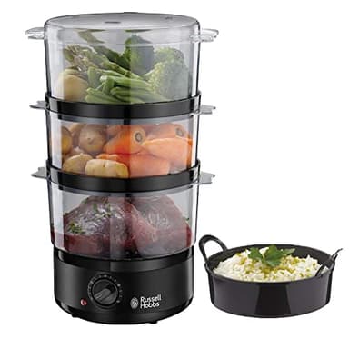 Russell Hobbs Cuiseur Vapeur [Ultra Compact] Noir mat (400W, 7L, 3 niveaux, cuiseur de Riz, Minuterie 60 min, arrêt auto., 3 Paniers sans BPA compatibles lave-vaisselle, pour cuisine saine) 26530-56