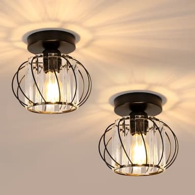 Pheashine 2 Pièces Plafonnier en Cristal, Noir E27 Lampe de Plafond, Petit Lustre en Cristal Moderne pour Entrée, Couloir, Chambre à Coucher, Cuisine, Salon