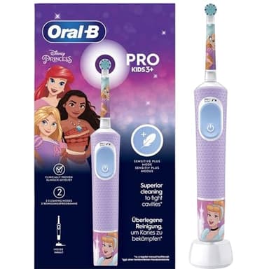 Oral-B Pro Kids Princess Brosse à dents électrique, pour enfants à partir de 3 ans, avec mode Sensitiv+ pour soins dentaires, poils extra doux, 1 brosse, 4 autocollants, violet/bleu