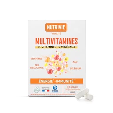 Multivitamines et Minéraux - Complexe de 11 Vitamine B, C & D - Fer Bisglycinate, Zinc et Sélénium - Pour Énergie, Vitalité et Immunité - 30 Gélules - Fabriqué en France - Nutrivie